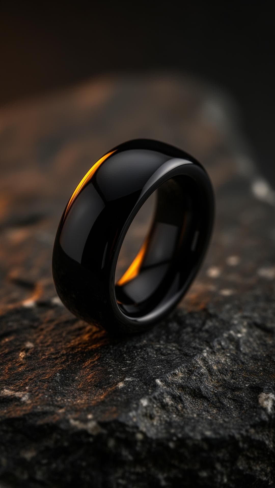 Polished black titanium ring on stone